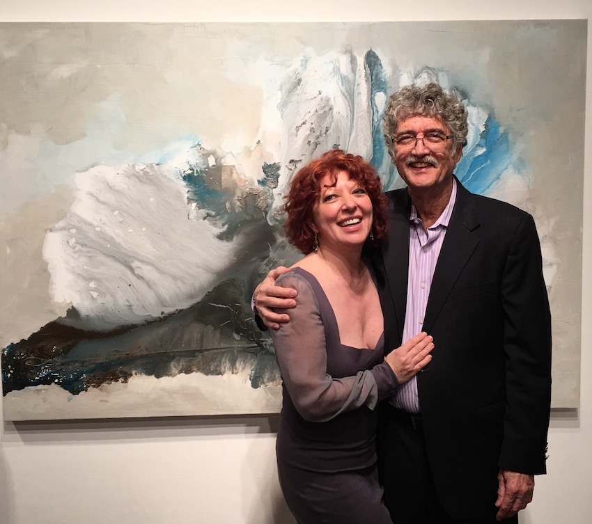 Clara Berta and Sandy Astor with abstract art Awakening at the Brea Gallery award ceremony.