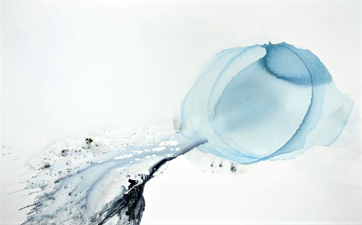 Abstract Art acrylic painting featuring fluid organic forms in shades of blue and gray, forming a central circular shape dynamic splashing forms with a strong sense of movement and flow. movement