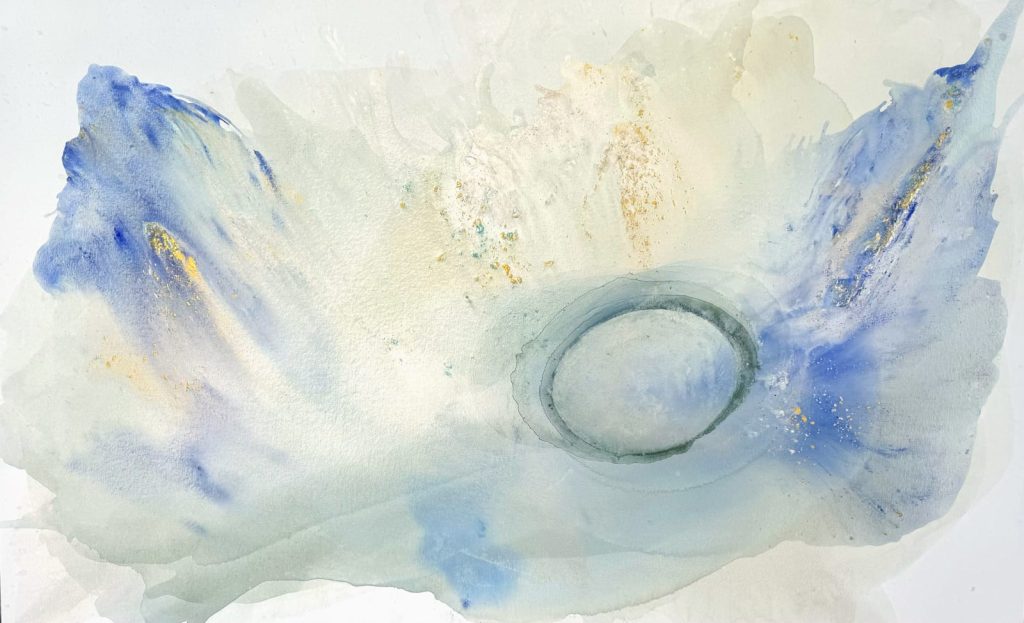 Lightness by Clara Berta, a 60x96 acrylic on canvas with fluid pours of magic in blues and lighter colors. This large-scale work shows the beauty of a clear space for abstract art.