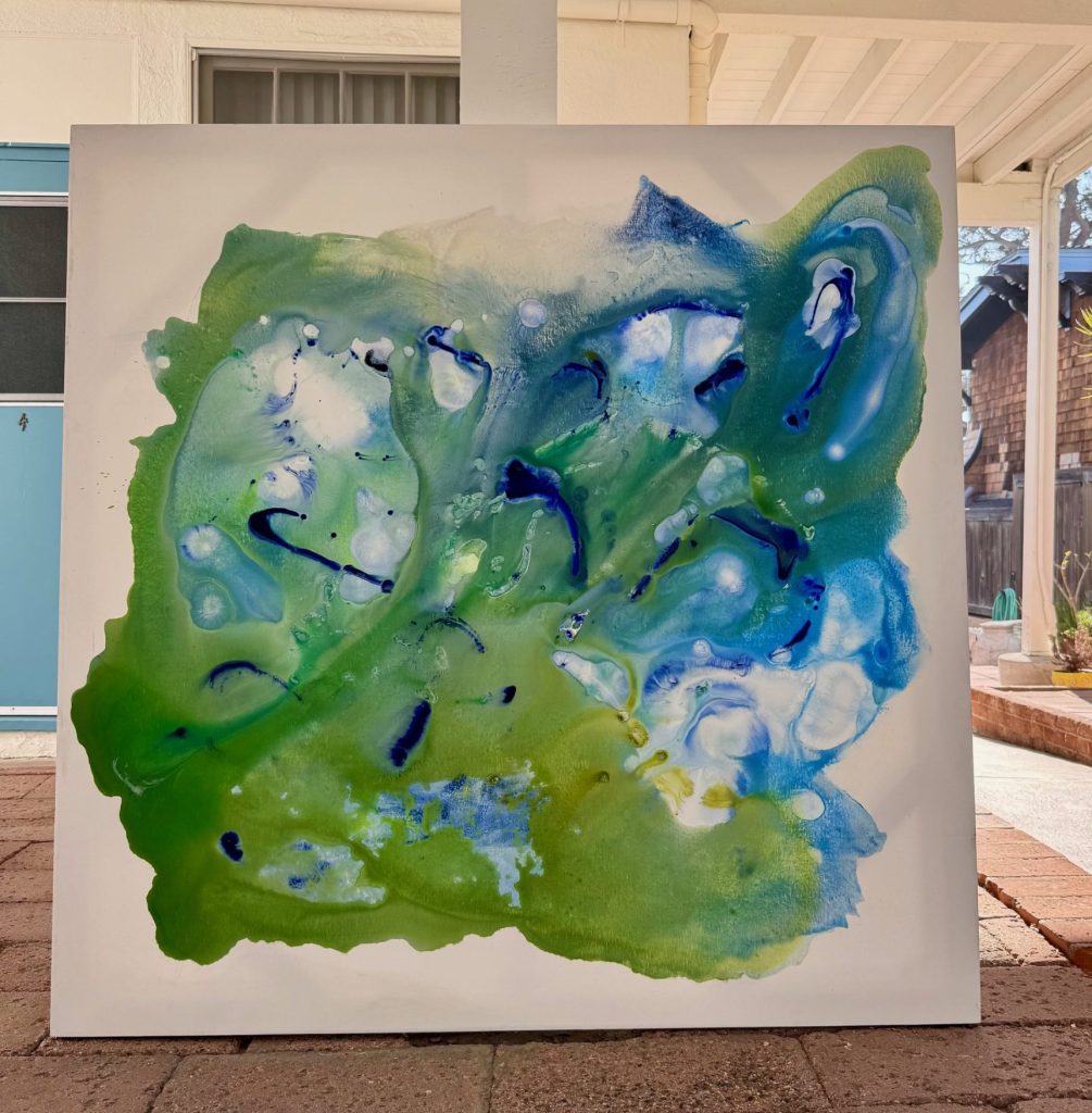 Large 48x48 fluid painting of Crystal Cove by Clara Berta. Contemporary abstract art featuring flowing turquoise, ocean blue, and sandy beige acrylics. This square-format coastal wall art captures the movement of the Pacific tide.
