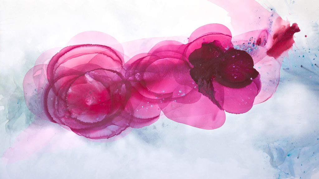 Abstract Art watercolor painting with overlapping pink and magenta circular shapes, creating a fluid, organic pattern on a white background with soft splashes of blue and gray.