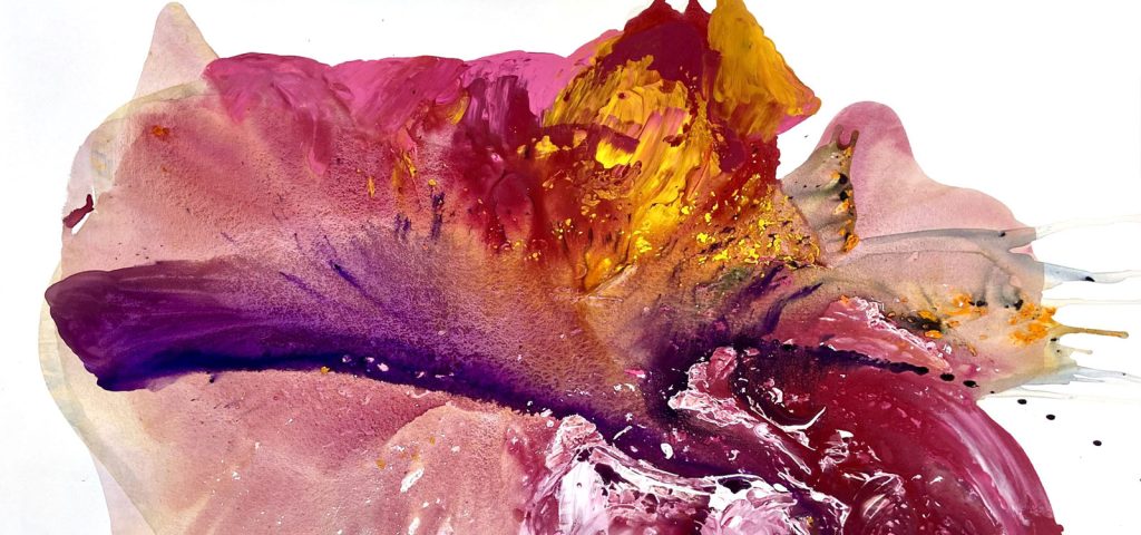 Abstract painting with bold splashes of pink, red, yellow, orange, and purple on a white background, creating a vibrant and dynamic composition with fluid, textured brushstrokes and layered colors.