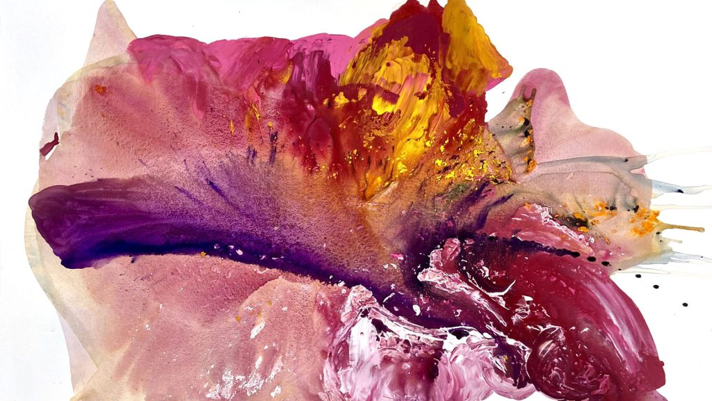 Abstract painting with bold splashes of pink, red, yellow, orange, and purple on a white background, creating a vibrant and dynamic composition with fluid, textured brushstrokes and layered colors.