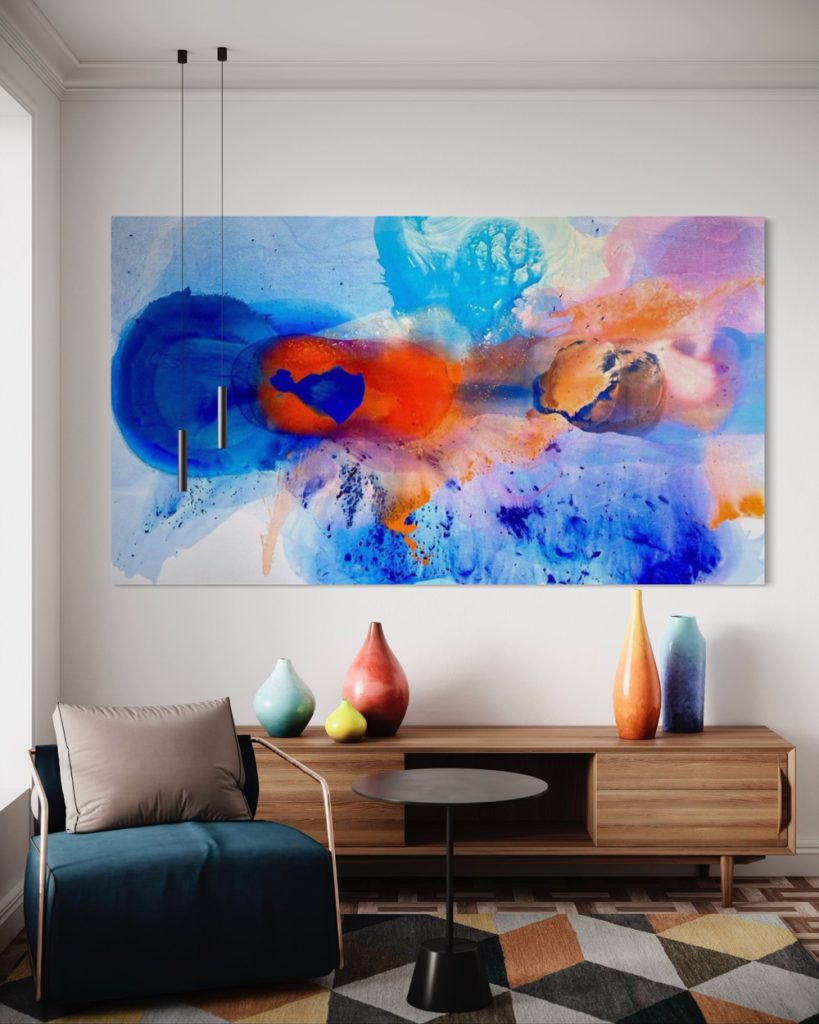 Abstract Art painting with vibrant blue and orange hues blending together, featuring fluid shapes and splashes, creates a dynamic, energetic composition with soft gradients and bold color contrasts.