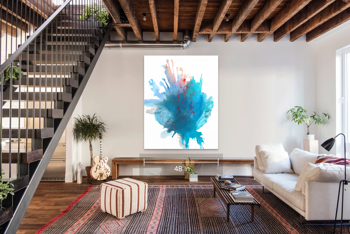 Large scale fluid abstract art 'Blossom' by Clara Berta. A 60x48 mixed media on canvas featuring vibrant blue tones and organic movement, installed in a modern living room setting.