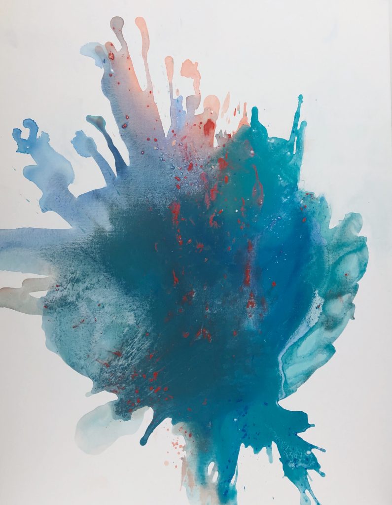 Close-up detail of 'Blossom' by Clara Berta, a 60x48 mixed media fluid abstract. The artwork showcases layered blue pigments and organic, water-inspired textures that create a sense of depth and movement on canvas.