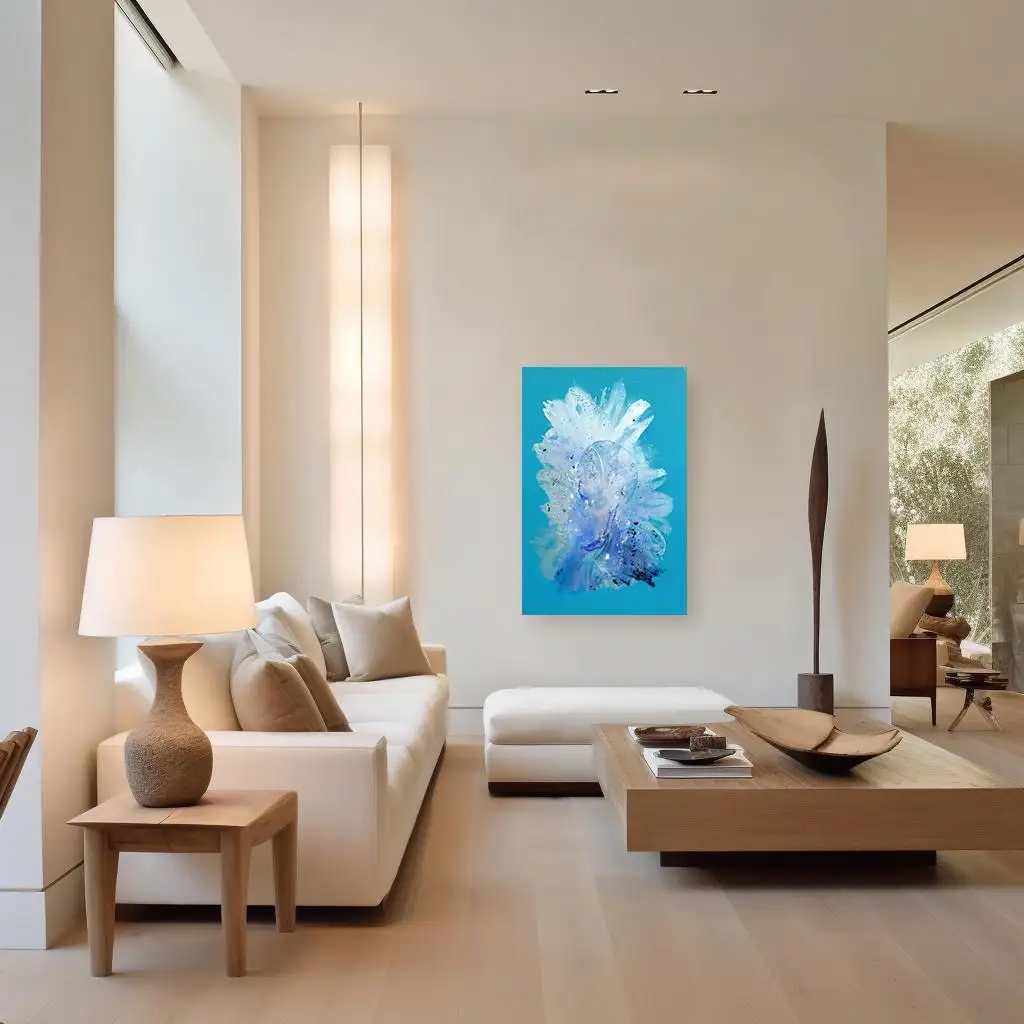 Modern abstract art painting Laguna Bay by Clara Berta, featuring a turquoise airbrushed background and silver textures inspired by the Pacific Ocean in Laguna Beach.