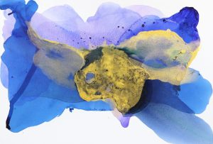 Abstract painting by Clara Berta with layers of vibrant blue and gold tones in flowing organic forms in the centre with a white background