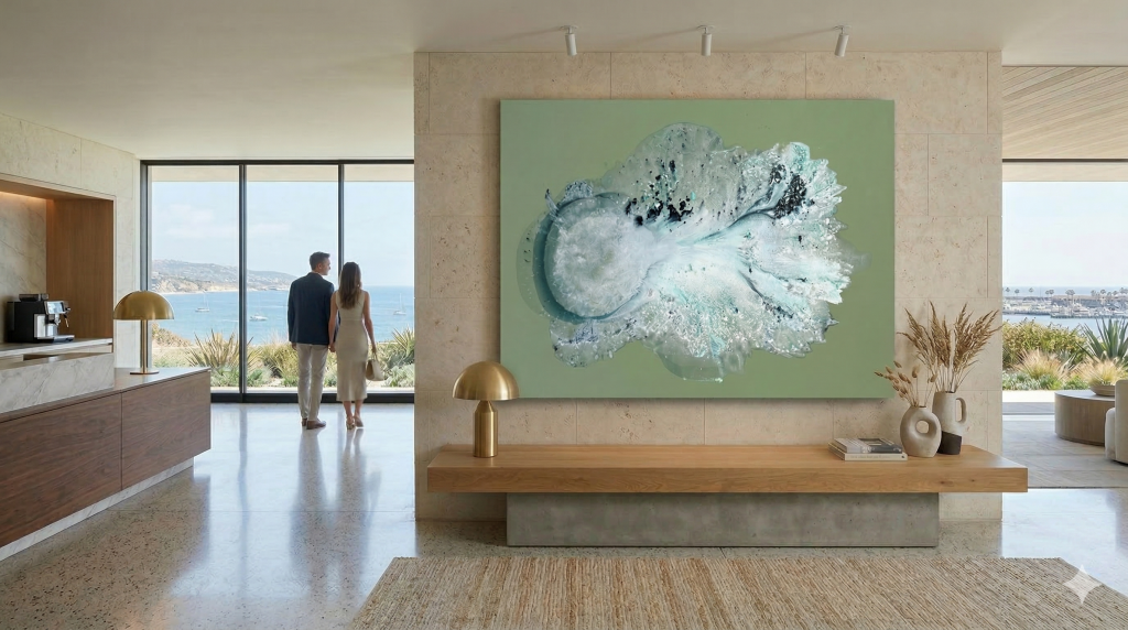 Large-scale modern abstract painting Glaciers by Clara Berta displayed in a luxury coastal hotel lobby overlooking the ocean in Dana Point, California.