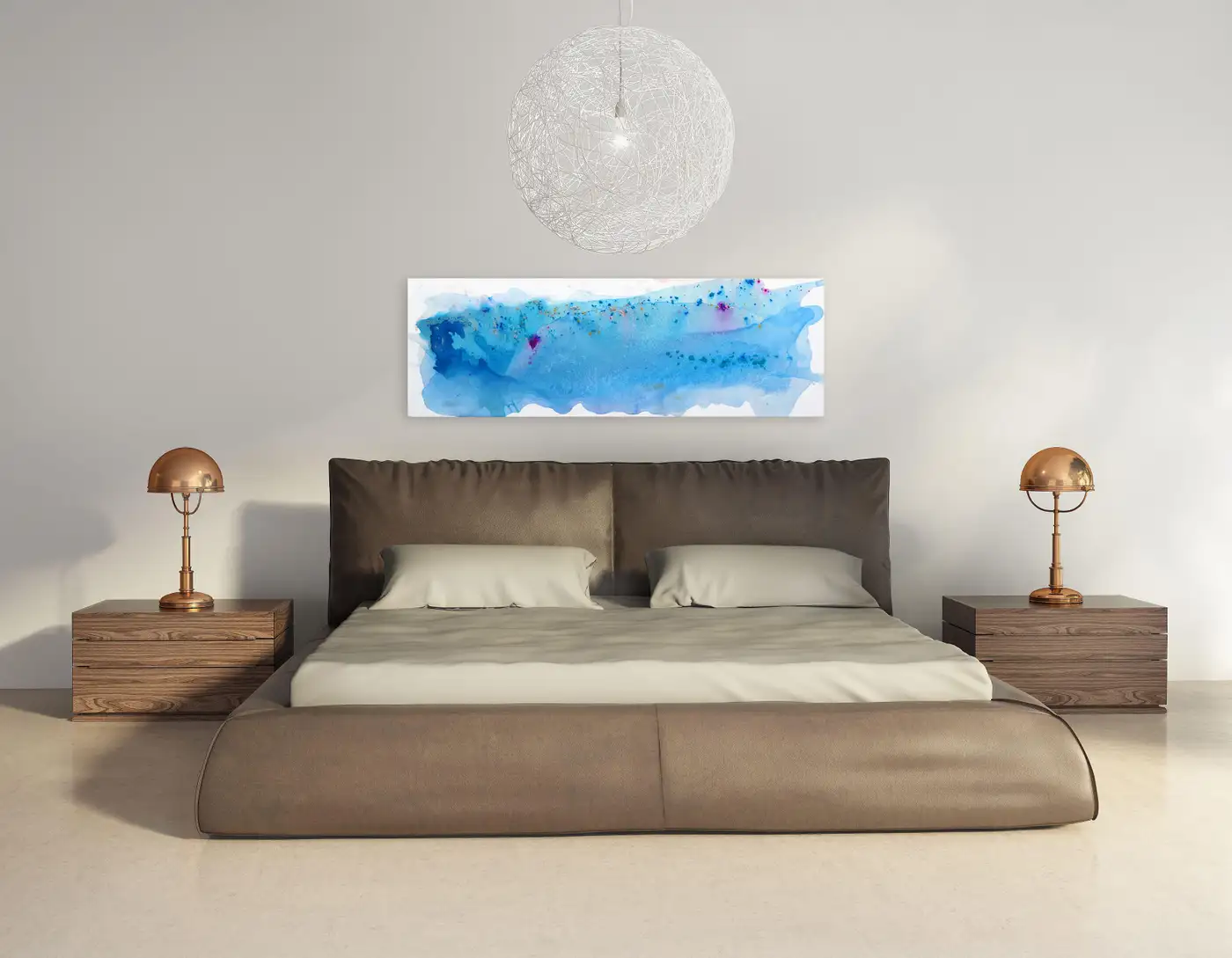 "A serene, modern bedroom featuring the 20x60 horizontal abstract painting 'Hermosa Way' by Clara Berta mounted above a minimalist bed. The wide artwork serves as a peaceful focal point with its flowing textures of turquoise and cream, perfec