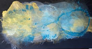 Abstract Art painting with vibrant blue and gold hues on a black background, with bursting and flowing shapes and textures creating a dynamic, organic composition with a celestial look