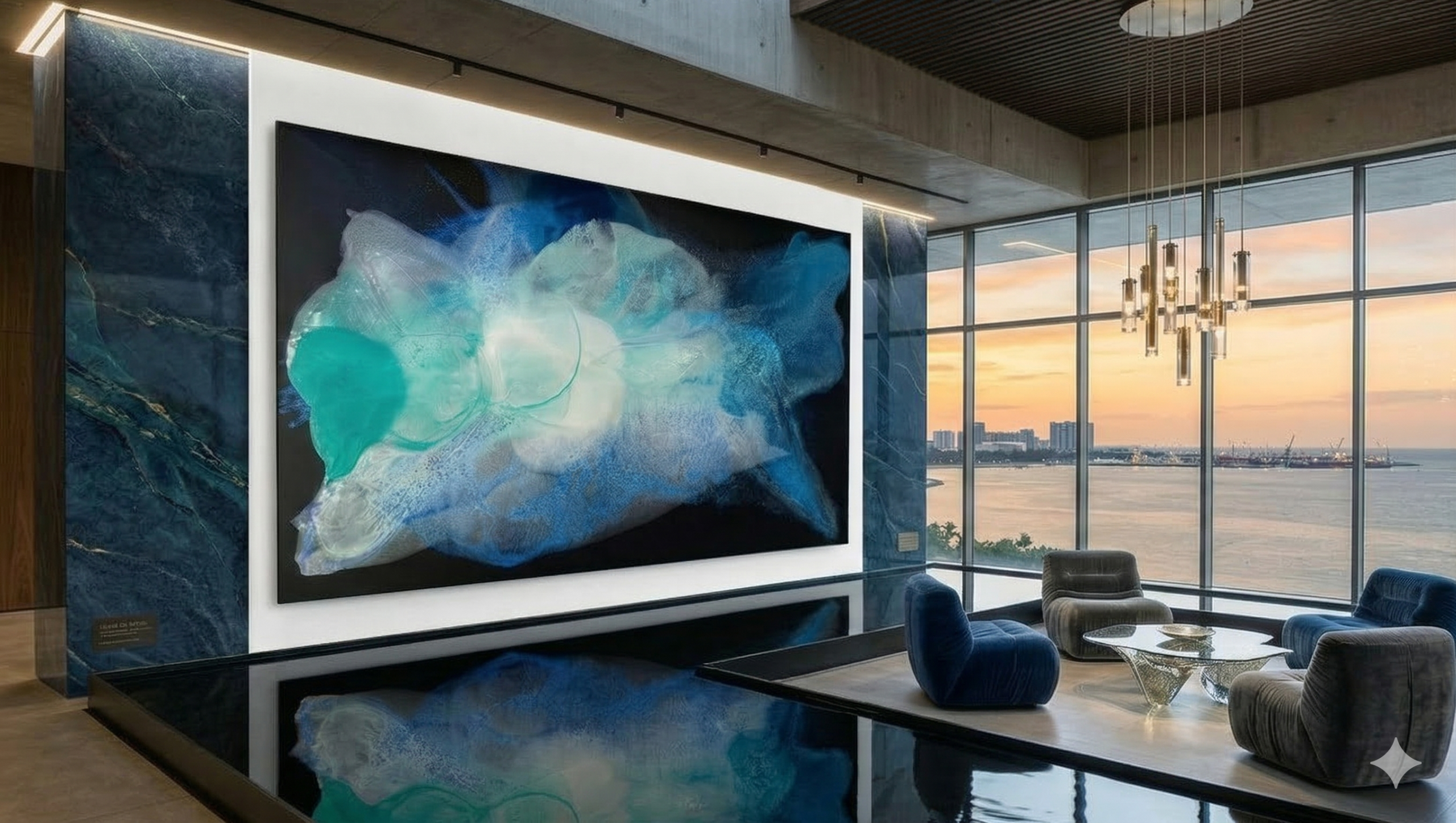 Biophilic abstract art for wellness: A massive blue and white fluid-art installation reflected in an indoor pool, creating a sense of rhythmic movement and tranquility in a sunset-facing hotel lobby.