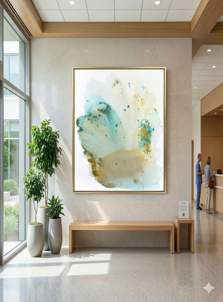 Burst of Light by Clara Berta, 40x30 inch acrylic on canvas, featuring luminous turquoise, gold, and white abstract tones designed for hospital healing environments.