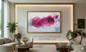 A soothing circular moss installation, 'Circle of Life,' designed to bring a calming natural presence into a modern lobby for guest wellness.