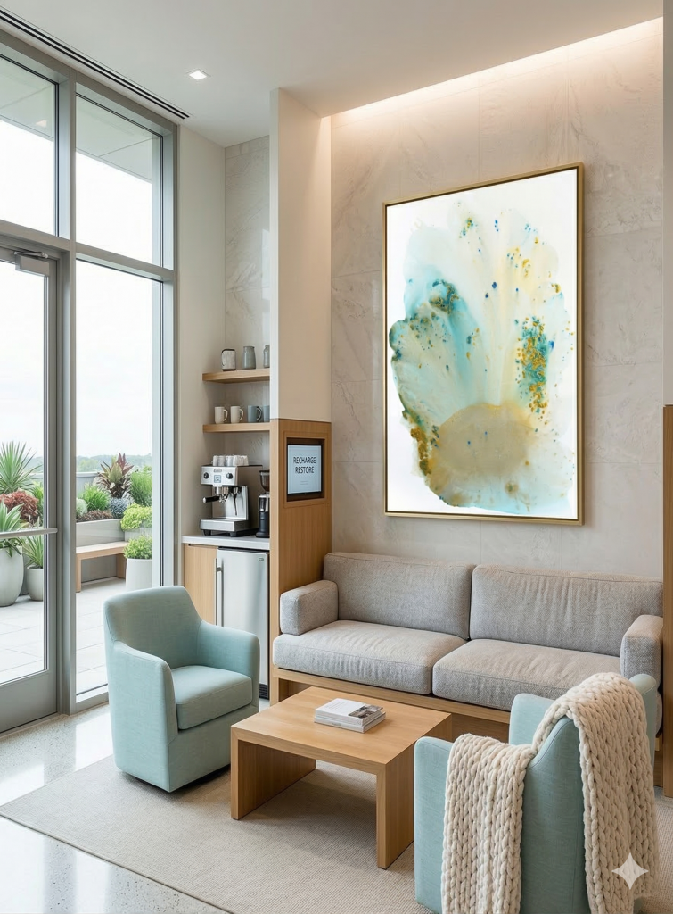 Burst of Light by Clara Berta, 40x30 inch acrylic on canvas, featuring luminous turquoise, gold, and white abstract tones designed for hospital healing environments.