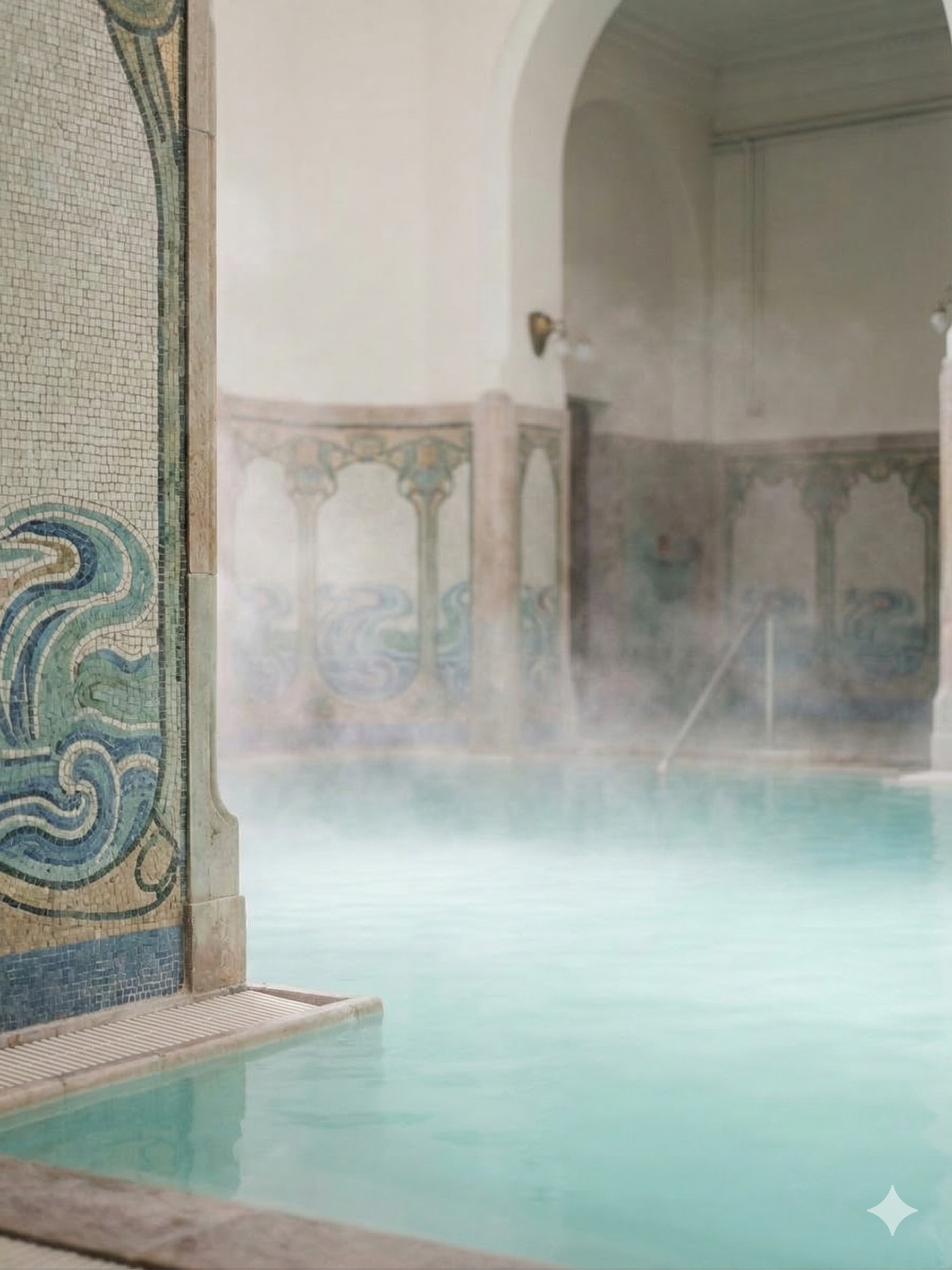 Golden hour light reflecting off the steaming thermal waters of Băile Felix, showing the architectural blend of historic stone basins and modern spa facilities in the heart of Oradea's wellness resort.