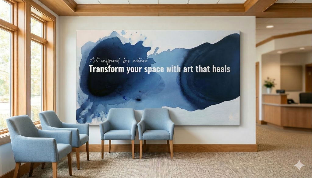 A calming landscape painting representing visual art for patient stress reduction, featuring nature-inspired elements to transform a clinical space into a healing environment.