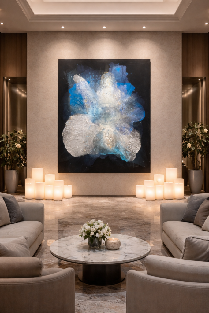 Amuvida handcrafted wax art installation alongside abstract paintings by Clara Berta