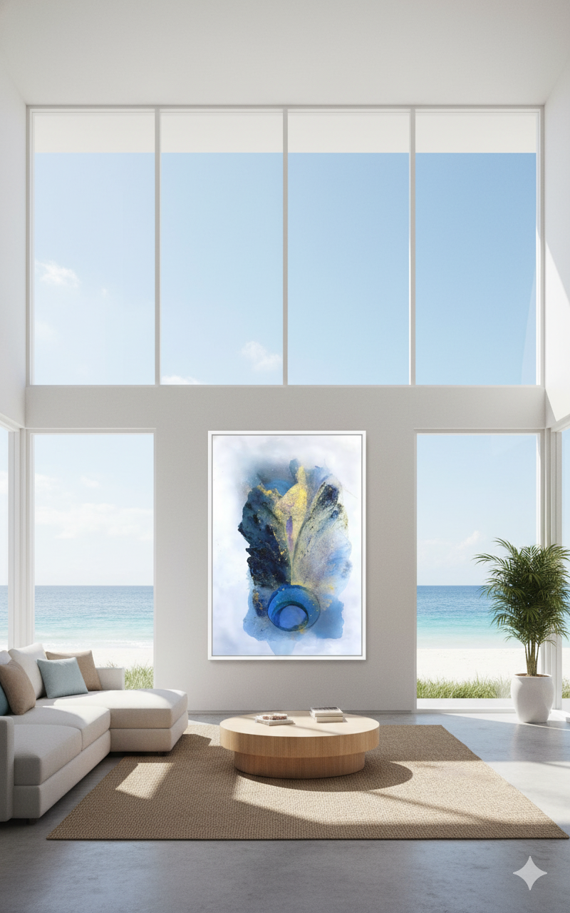 A grand Harmony 60x93 floor mirror positioned in a luxury hotel suite overlooking the coast. The mirror captures a stunning reflection of the deep blue ocean and a sun-drenched balcony through floor-to-ceiling windows.