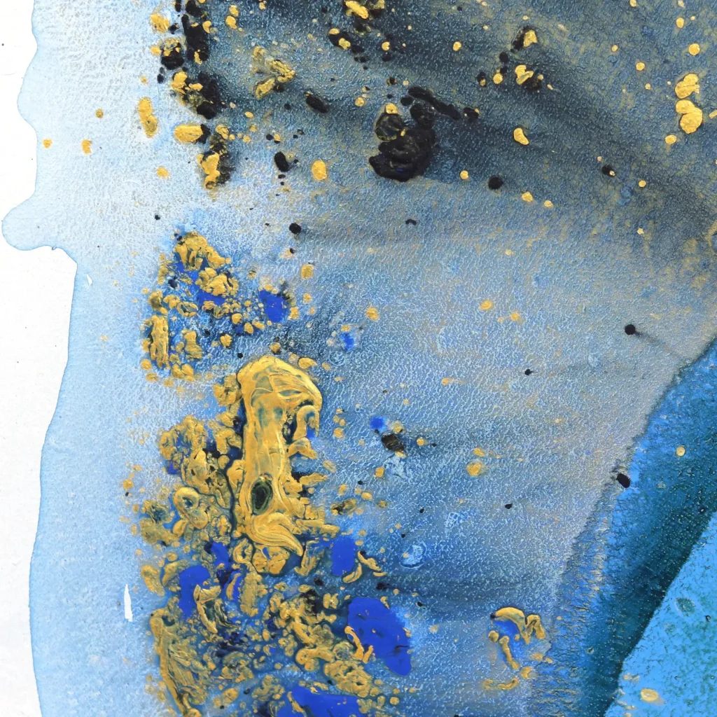Close-up detail of "Harmony" by Clara Berta showing heavy impasto texture, metallic gold accents, and layered navy blue acrylic paint on canvas