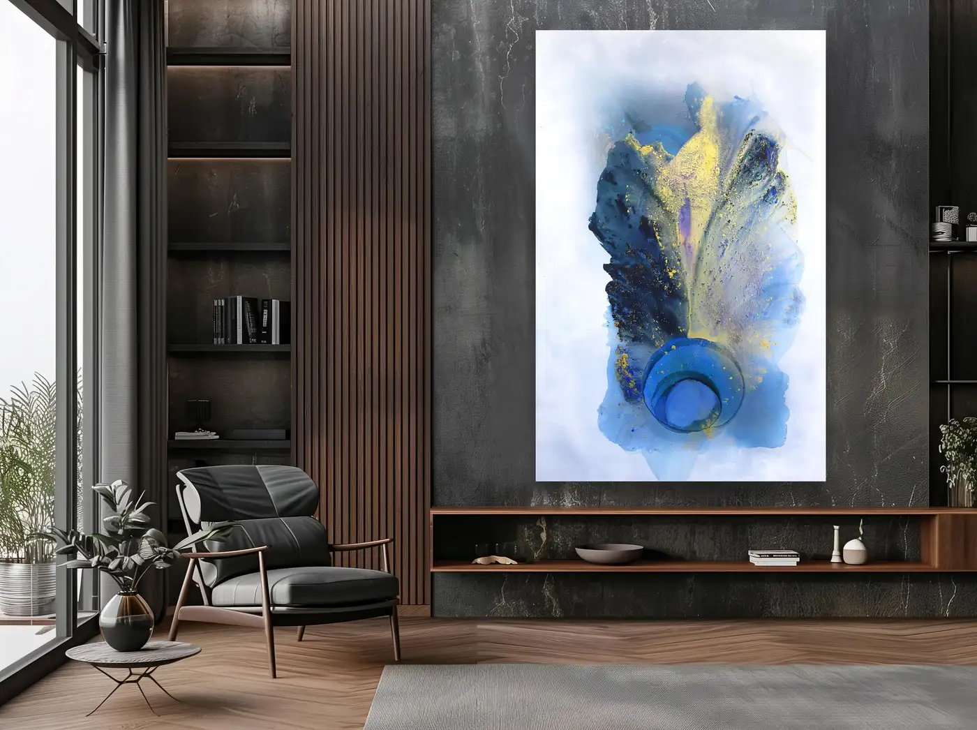 Large-scale 93x60 abstract painting Harmony by Clara Berta featuring blue and gold circular movement.