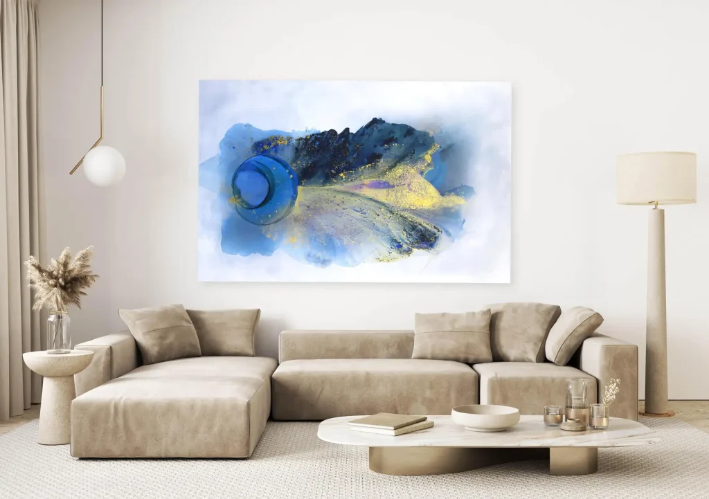Elevated interior design featuring the oversized abstract painting "Harmony" by Clara Berta styled in a modern luxury living room to show scale and texture.