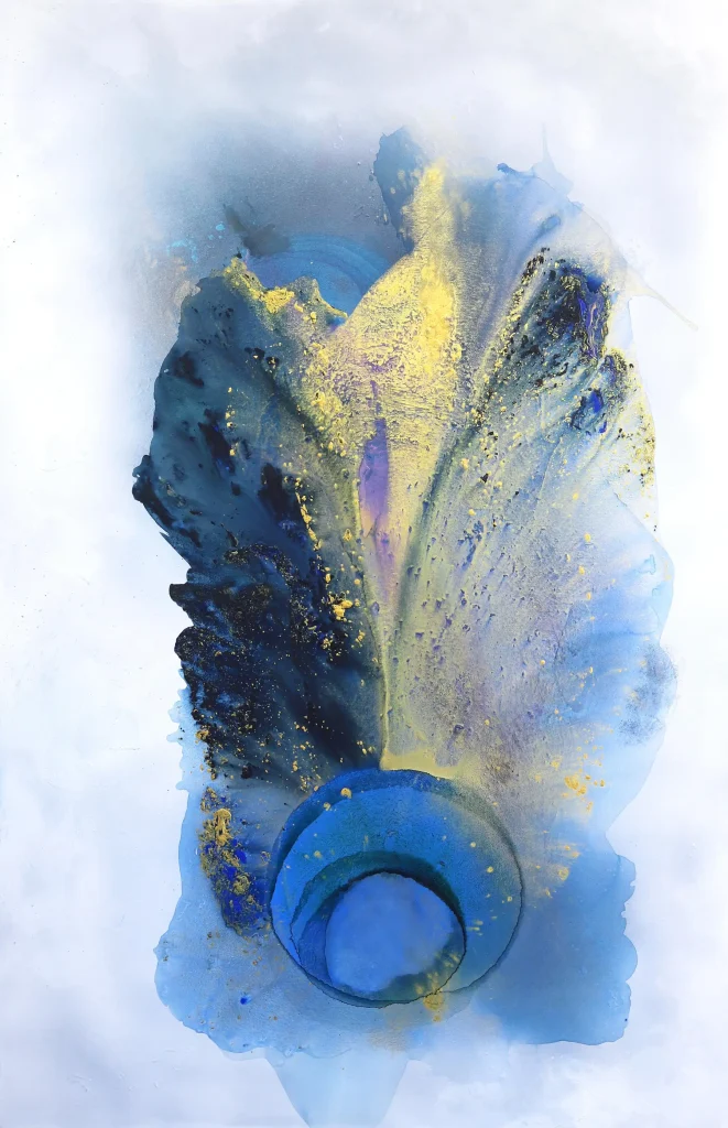 Large oversized blue and gold textured abstract painting titled Harmony by Clara Berta. Modern mixed media wall art for luxury home decor or executive office interiors.