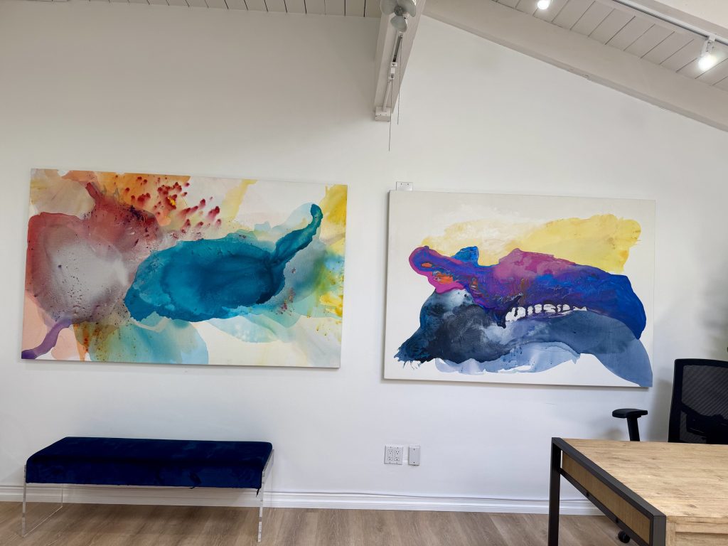 Colorful minimalist abstract art on canvas at Clara Berta Studio.