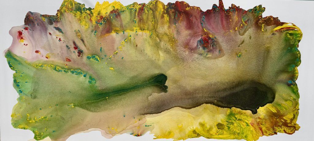 A wide 40x85 fluid acrylic painting featuring a vibrant yellow color palette blended with earthy, organic tones. The composition shows flowing, marbled patterns with a seamless, liquid texture and no visible brushstrokes.