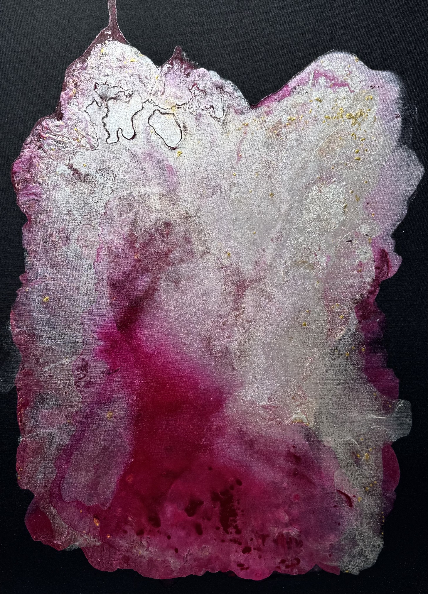 A 40x30 inch custom floral painting titled Dahlia 2 commission, showcasing intricate textures and a delicate pearl finish.