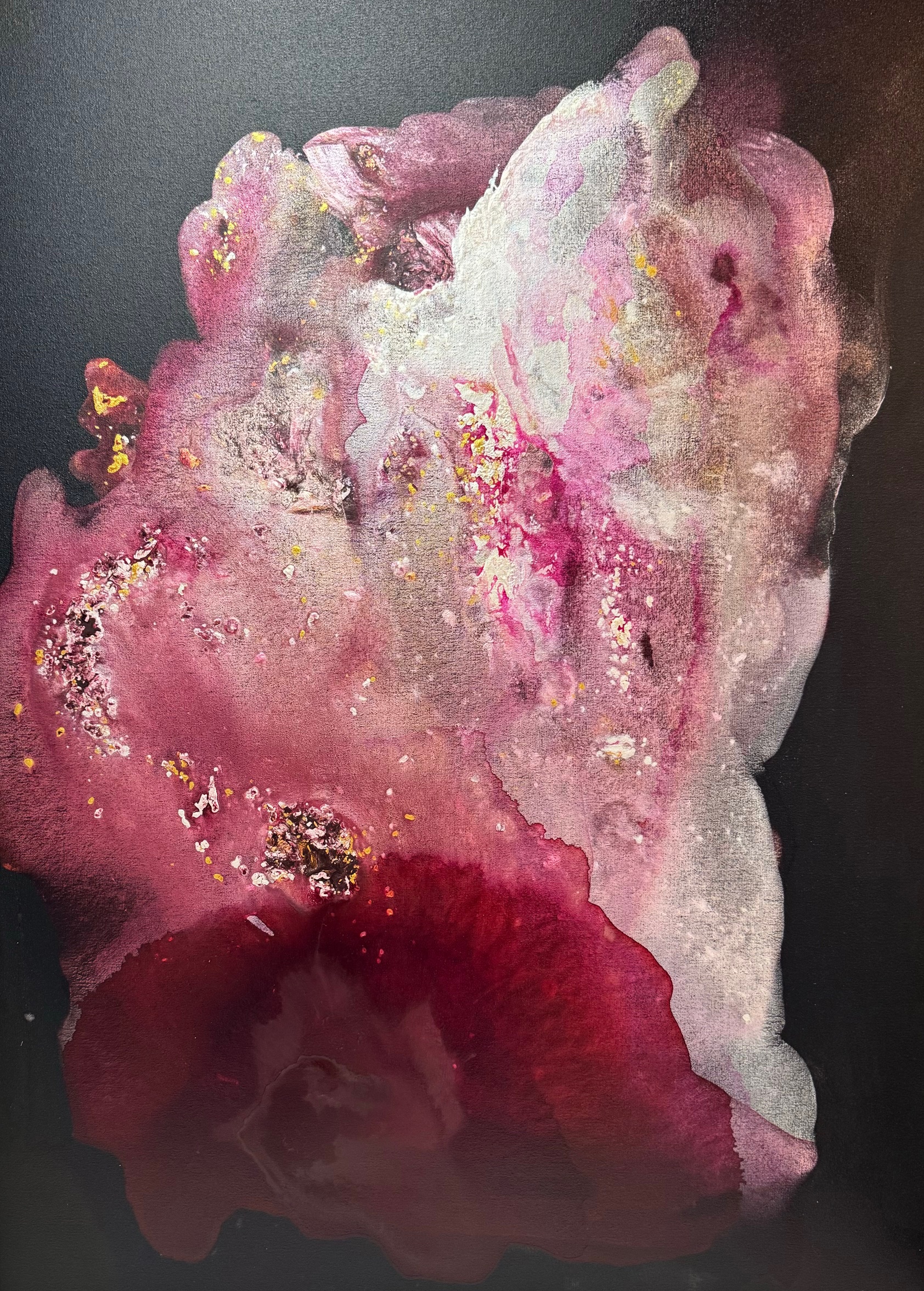 40x30 abstract dahlia in acrylic on canvas. The piece features heavy texture and palette knife marks, with overlapping layers of paint creating a sense of depth and deconstructed floral shapes.