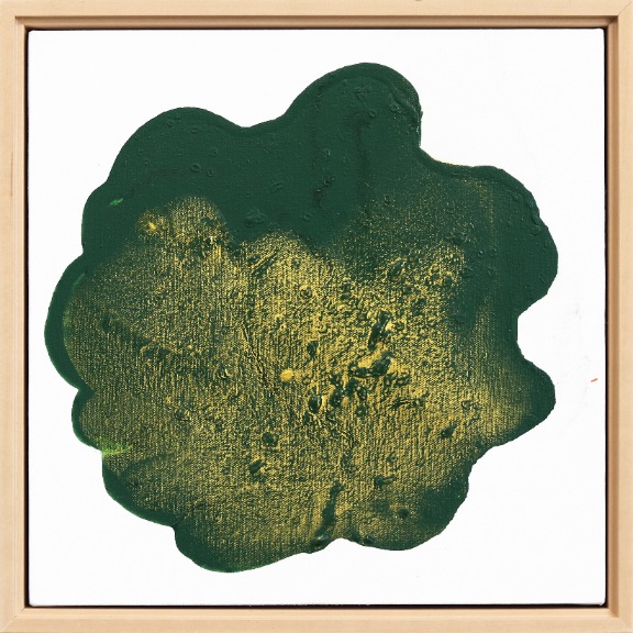 Calming abstract painting titled Golden Emerald by Clara Berta, featuring rich emerald green textures and shimmering gold accents on a 13x13 canvas.