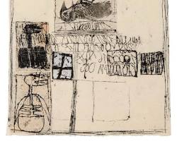 A textured mixed media collage by artist Hannelore Baron, featuring weathered paper, frayed textiles, and faint, cryptic ink markings on a dark, rustic wood backing.