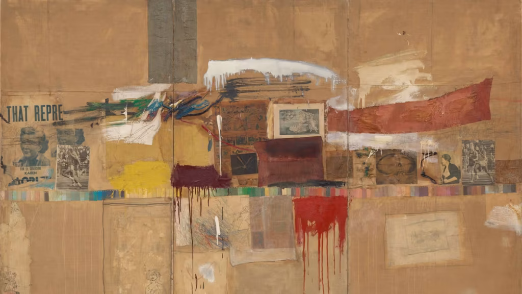 Robert Rauschenberg mixed media work featuring a collage of weathered newsprint, solvent-transferred photographs, and expressive splatters of oil paint in a neutral palette with visible textural transitions
