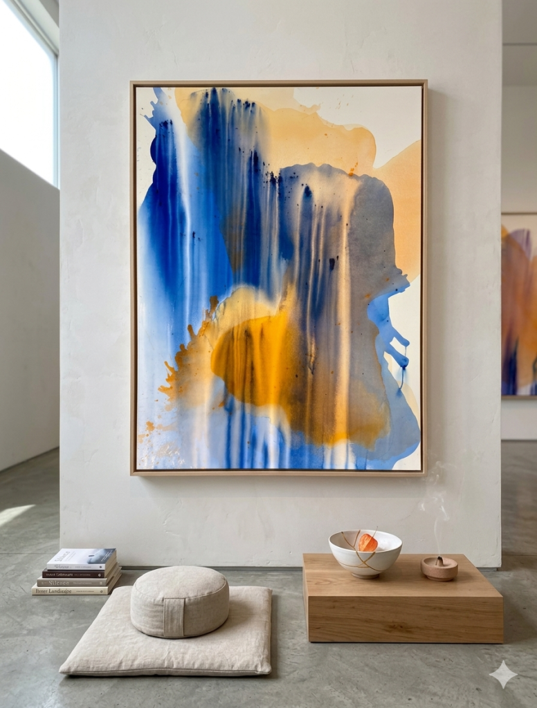 A large vertical abstract painting by Clara Berta titled 