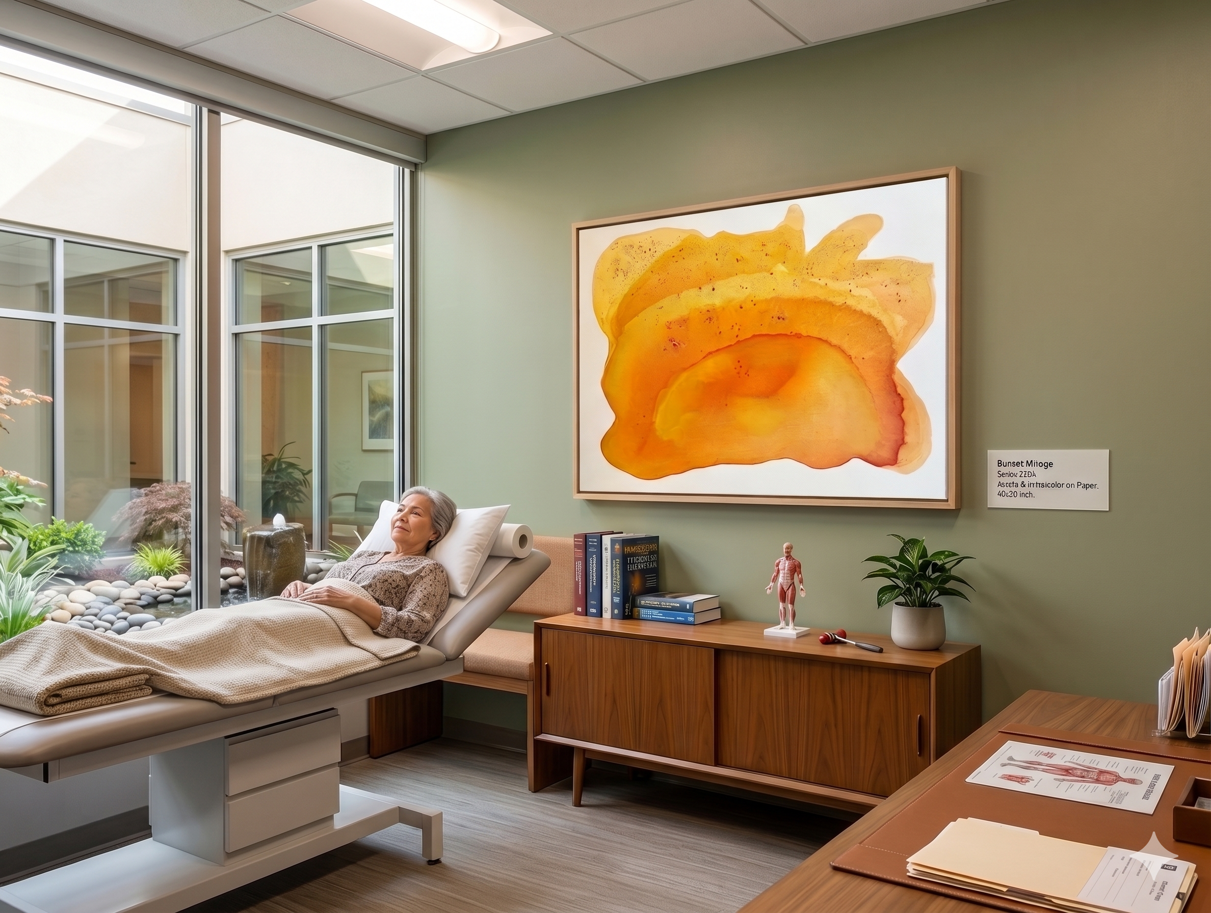 Clara Berta's abstract acrylic painting, 'Sunset Mirage,' displayed in a serene doctor's office. The 40x30 inch artwork, characterized by glowing amber and gold translucent layers, hangs on a sage green wall above a wooden mid-century sideboard.