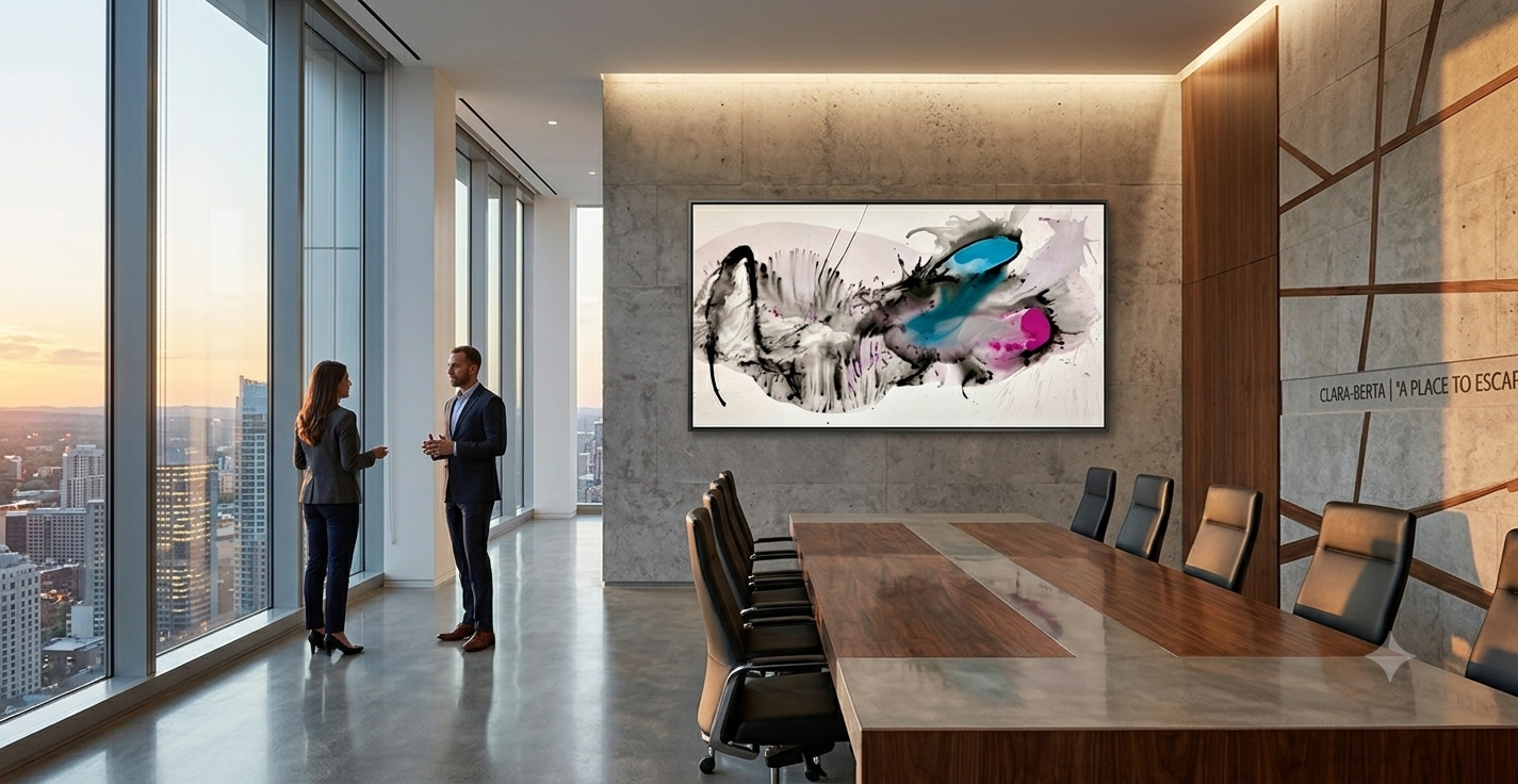 Modern boardroom featuring a large 48x96-inch abstract painting titled 