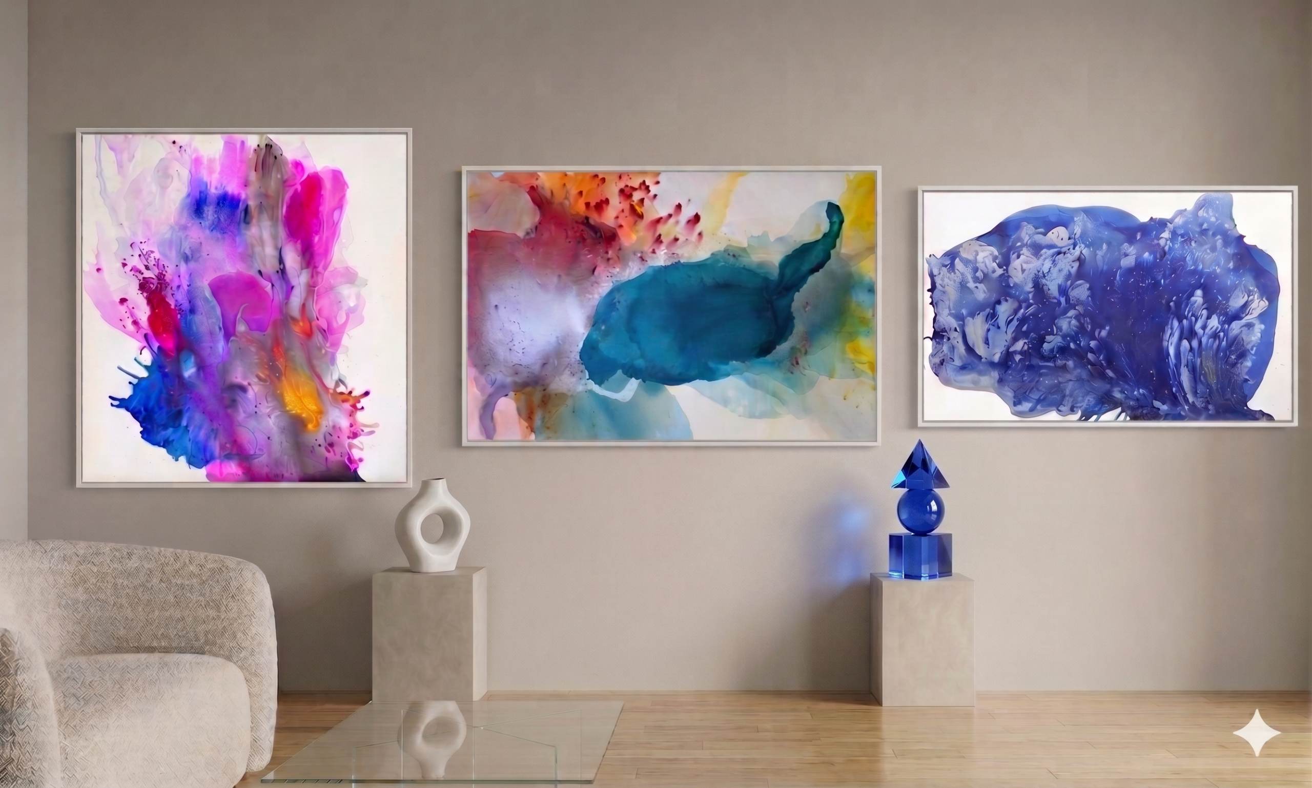 A bright modern gallery mockup room displaying a trilogy of abstract fluid paintings by Clara Berta Studio on a light gray wall above neutral concrete pedestals, a glass coffee table, and a modern cream armchair.