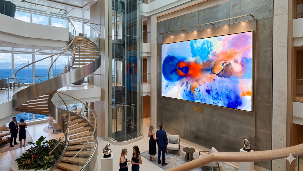 A monumental 72x115 inch vibrant blue and orange abstract art canvas titled Celebration by ClaraBerta installed as a central feature within a luxury marine interior, positioned on a textured metallic wall inside a multi-story cruise ship atrium next to a grand spiral staircase and glass elevator.