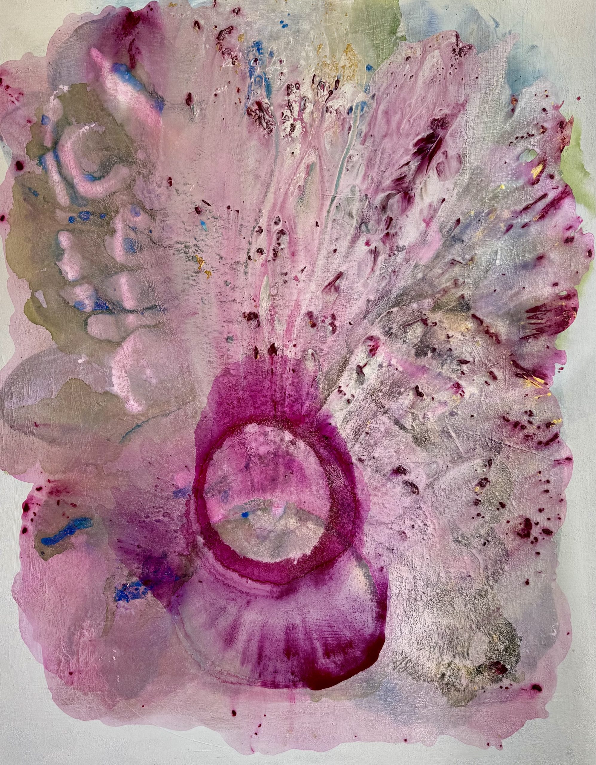 Large-scale abstract painting titled The Heart of the Bloom by artist Clara Berta, featured in a Nantucket art exhibition.