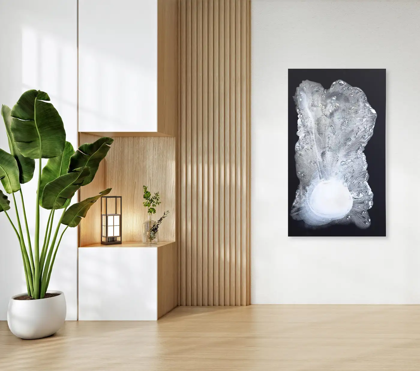 Large original minimalist modern abstract art piece Winter in White by Clara Berta, the Queen of Texture, displayed on a white wall in a modern Zen living room with natural light, vertical light-wood slats, and a large green potted plant.