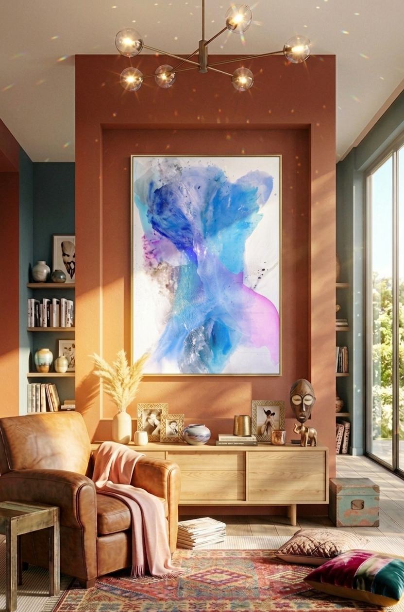 Large-scale 48x72 abstract painting by Clara Berta, titled Cotton Candy Dreams, displayed as a vibrant focal point in a contemporary sunlit living room.