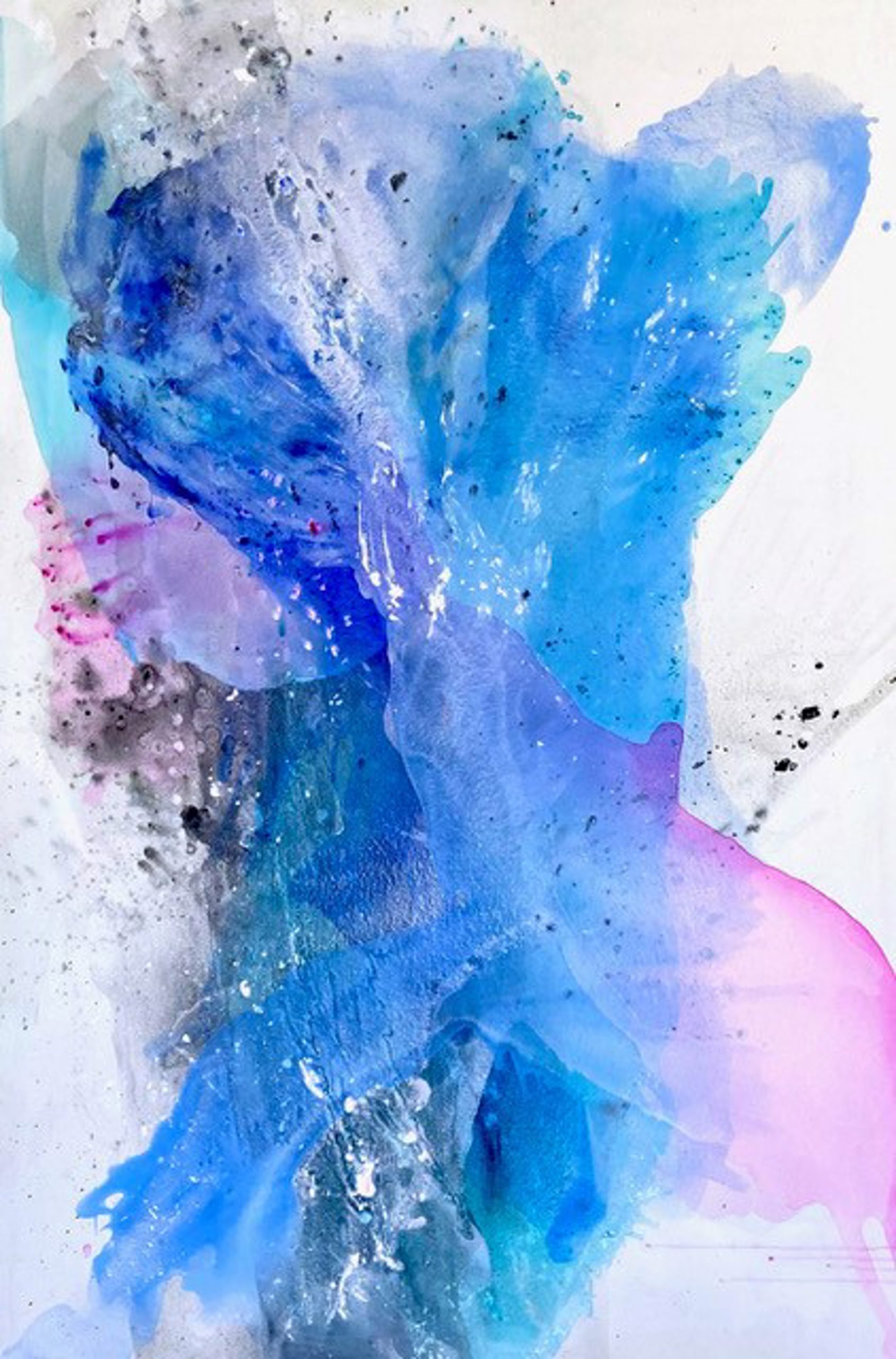 Large-scale modern abstract painting titled Cotton Candy Dreams, 48x72 inches, featuring vibrant, fluid acrylic brushstrokes of electric pink and soft blue on canvas.