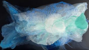 Dream of Water, a 48x80 inch large-scale abstract painting by Clara Berta featuring fluid pours of cerulean blue, bright aqua, and seafoam green over a deep Payne's gray background.