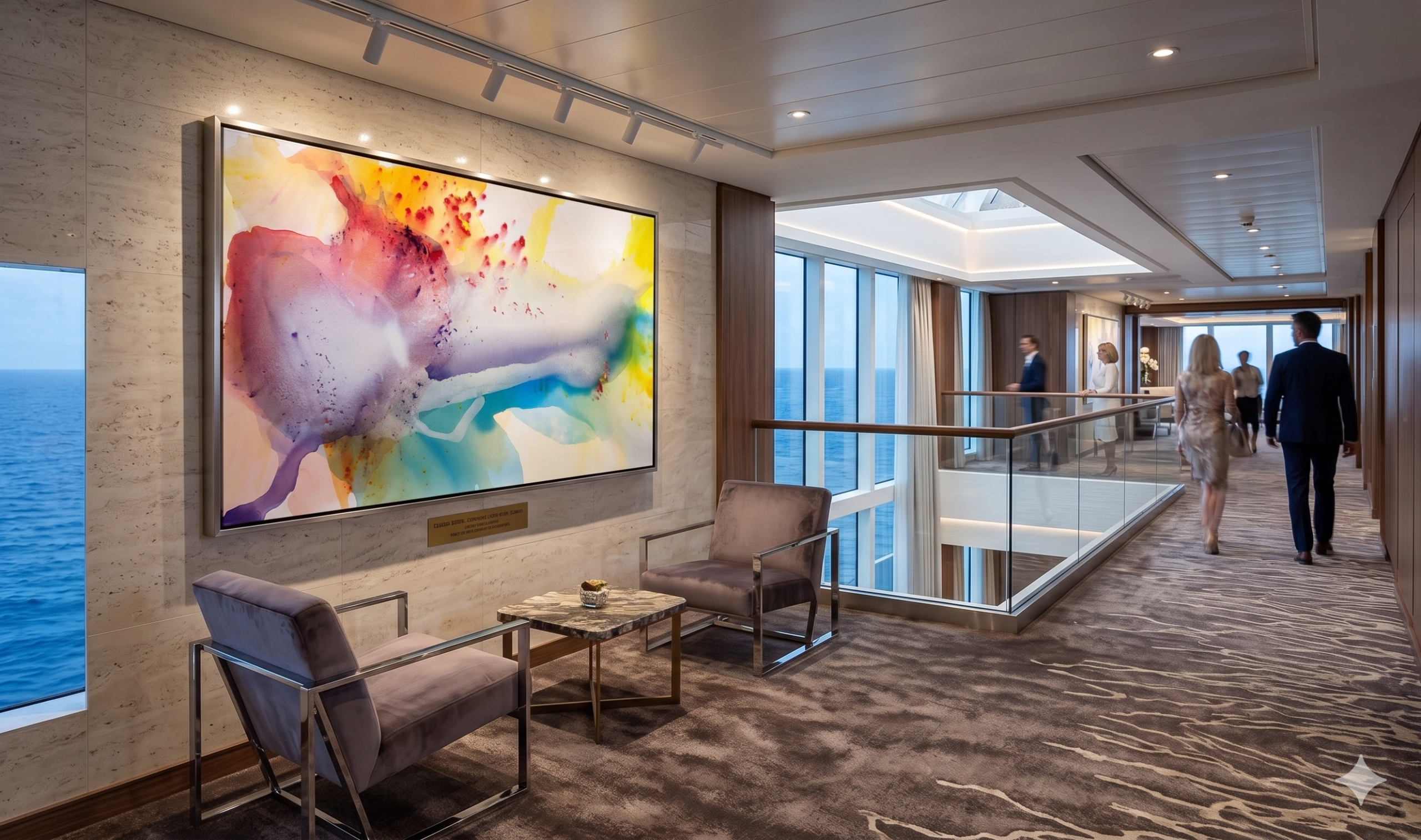 A monumental abstract art painting titled Expansive Light by ClaraBerta (48x80inches) featuring vibrant purple, gold, and turquoise fluid forms, installed within a minimal metal frame on a marble wall in a luxury cruise ship observation lounge. Below the artwork, modern lounge seating faces large windows overlooking the open ocean.