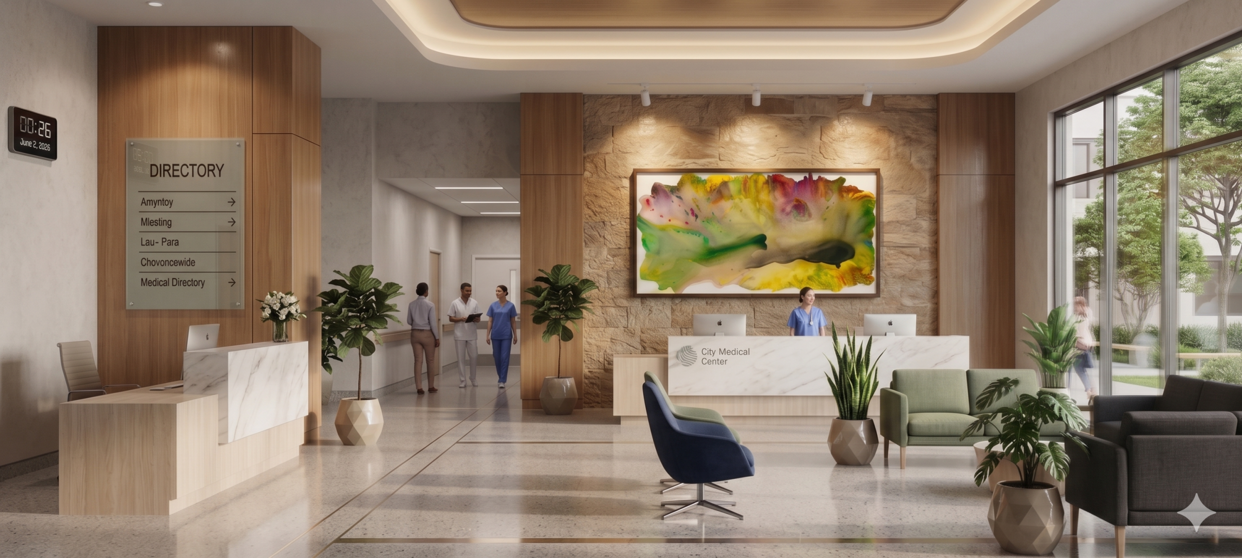 An impressionistic painting of a modern hospital lobby featuring coastal views and a large Clara Berta abstract artwork on the wall.