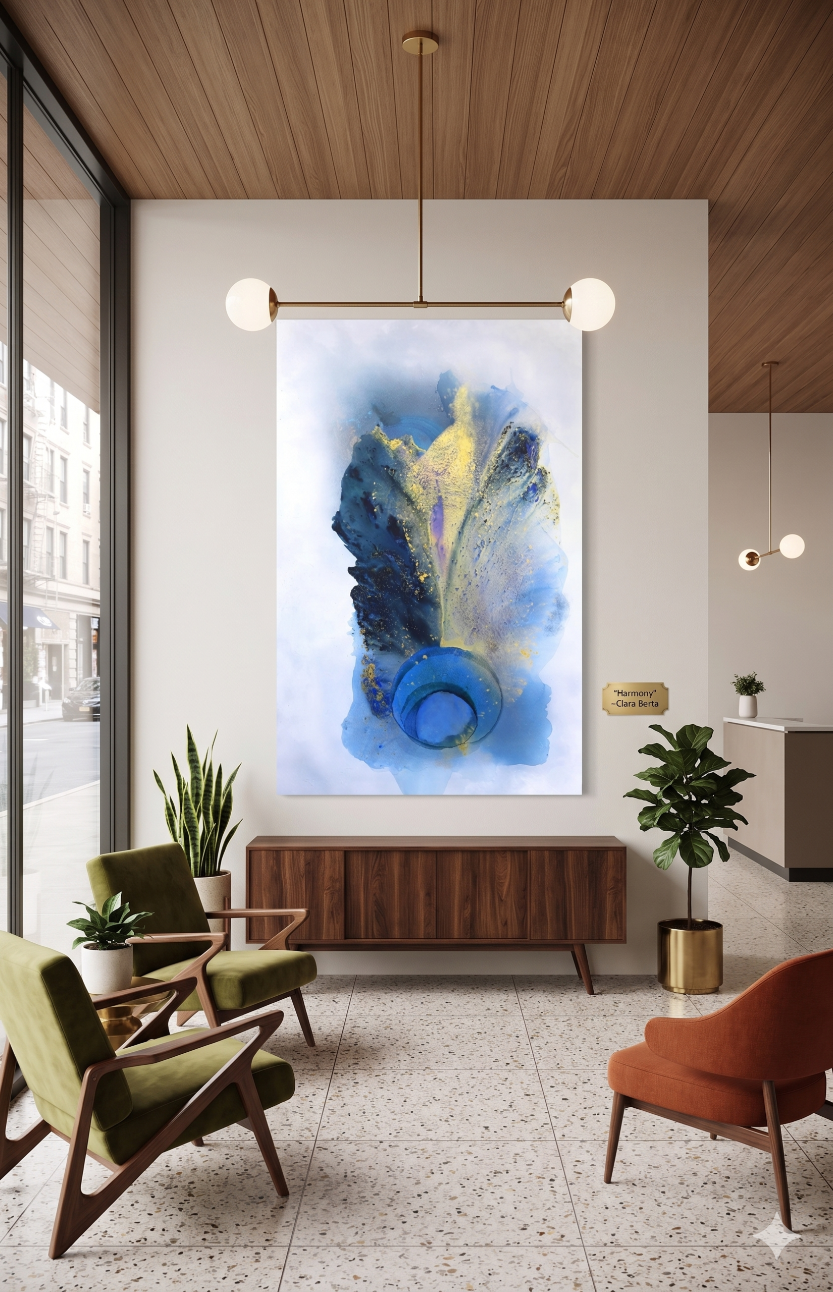 Large 60x93 abstract modern painting titled 'Harmony' by Clara Berta, featuring organic fluid movements of deep indigo and textured gold accents, displayed in a bright mid-century modern home.