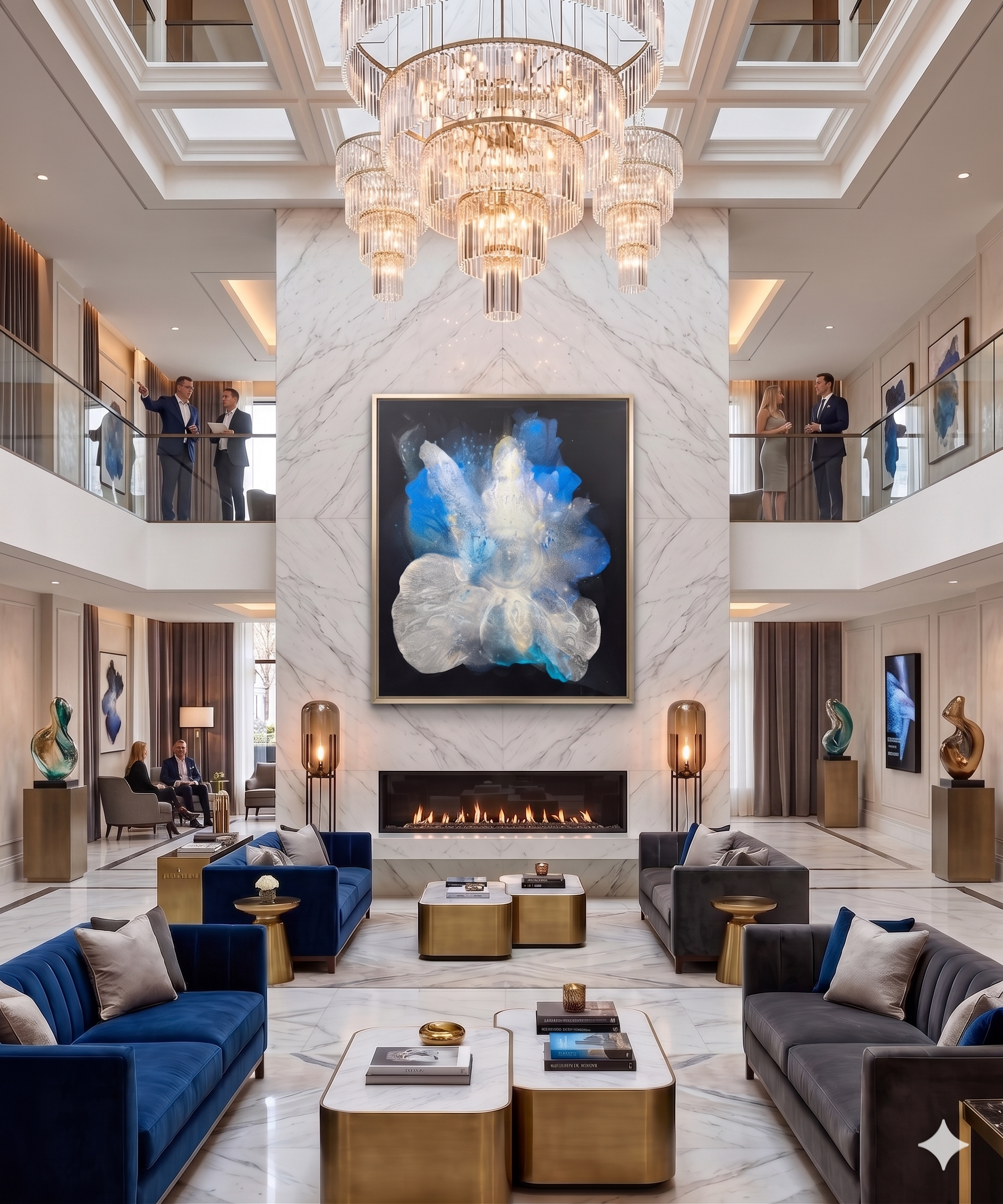Large-scale abstract painting titled Clara-Berta-Transition-into-Light featuring fluid textures of royal blue and shimmering silver, hanging as a central visual anchor above a linear fireplace in a luxury marble hotel lobby.