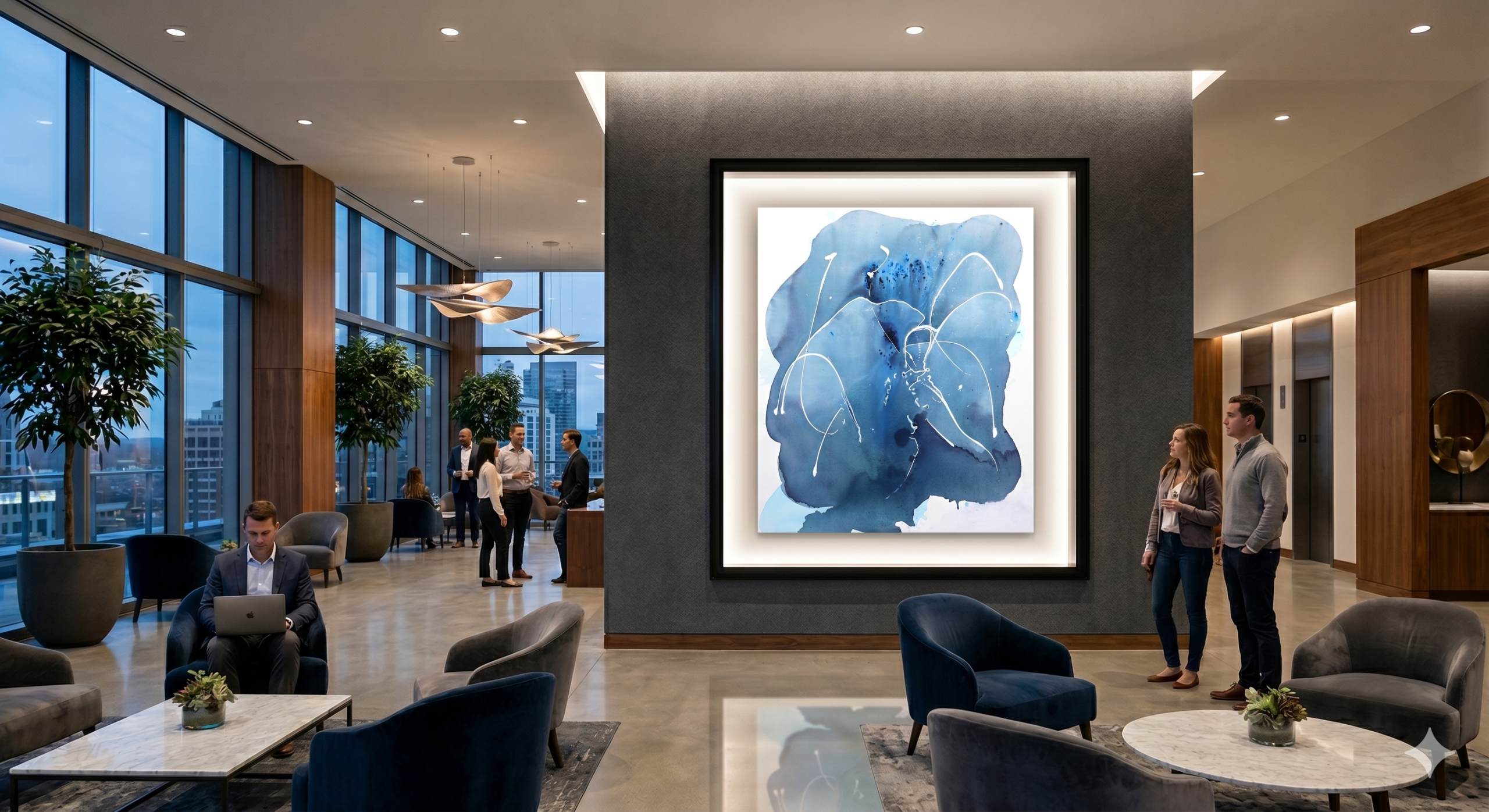Large 60x93 abstract modern painting titled 'Harmony' by Clara Berta, featuring organic fluid movements of deep indigo and textured gold accents, displayed in a bright mid-century modern home.