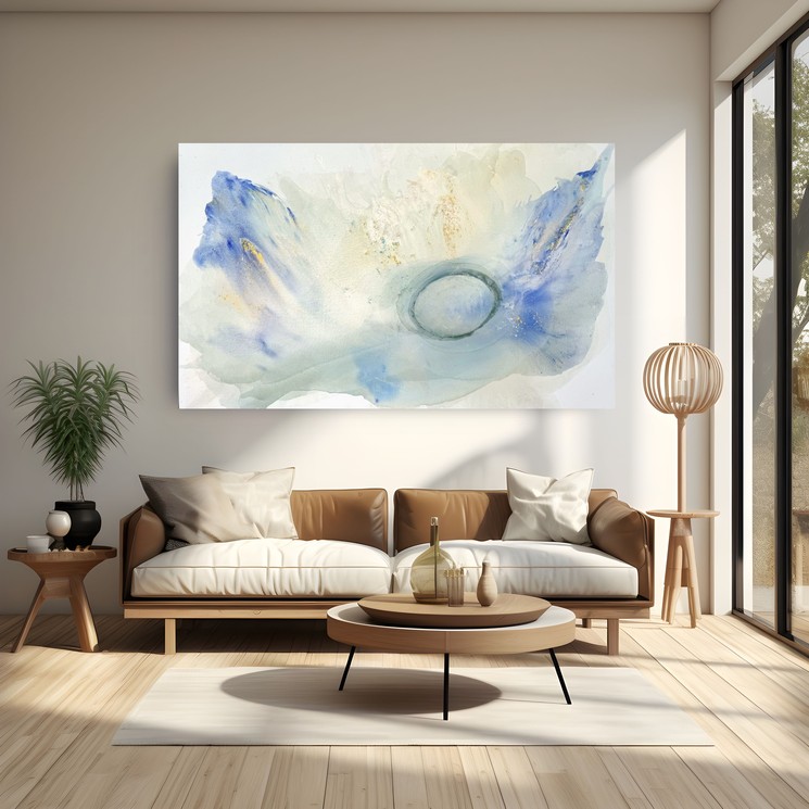 Large 60x96 inch modern abstract painting Lightness - Clara-Berta.jpg, acrylic on canvas with fluid blue and gold textures, displayed in a bright, minimalist living room setting above a brown leather sofa.